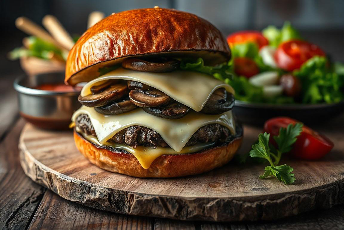 Mushroom Swiss burger: a gomba és svájci sajt harmóniája